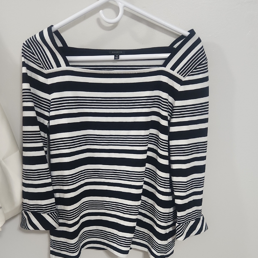 Talbots Navy and White Striped Blouse